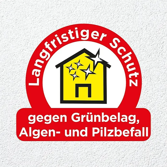 SG Weber Scheibenputz - Körnung: 2 mm, 25 kg - Rotes Logo mit gelbem Haus, Sternen und Text: "Langfristiger Schutz gegen Grünbelag, Algen- und Pilzbefall".