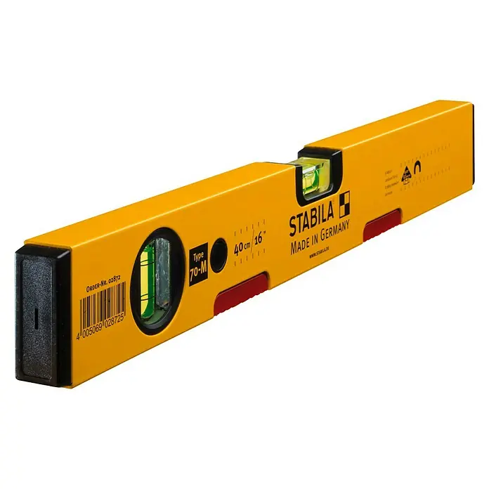 Stabila Wasserwaage Type 70 MLänge: 40 cm, Anzahl Libellen: 2 Stk. - Gelbe Stabila Wasserwaage Typ 70-M, 40 cm lang, mit Libellen zur horizontalen und vertikalen Ausrichtung, ideal für präzise Messungen.