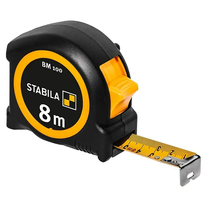 Stabila Taschenbandmaß BM 100 8 M - 8 m - Ein schwarzes Stabila BM 100 Rollmaßband mit gelbem Band und Feststellknopf, das 8 Meter messen kann.