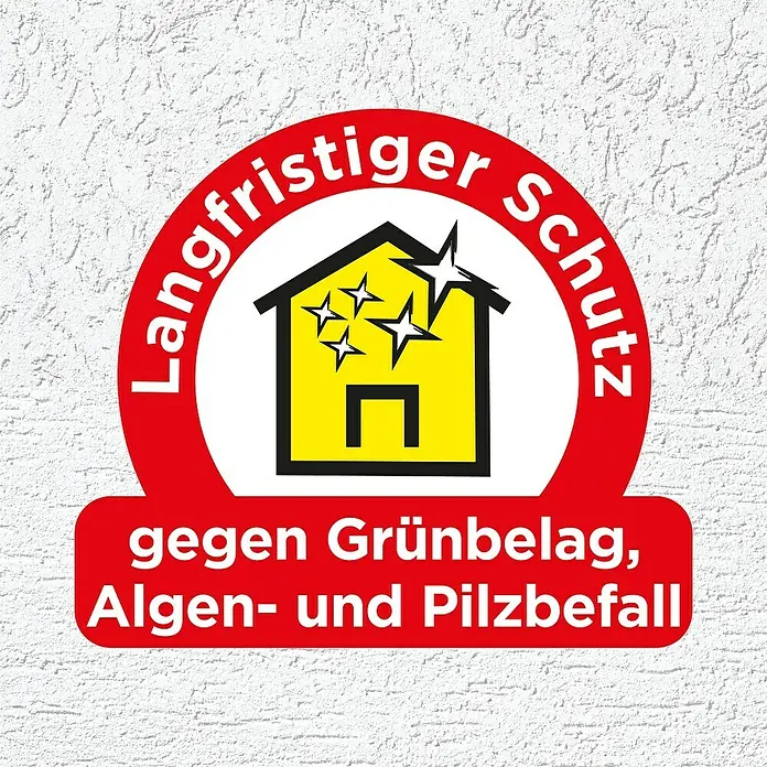 SG Weber Münchner-Rauhputz - Körnung: 3 mm, 25 kg - Logo für Langfristschutz gegen Grünbelag, Algen- und Pilzbefall mit einem gelben Haus und Sternen. Schützt Ihr Zuhause zuverlässig.