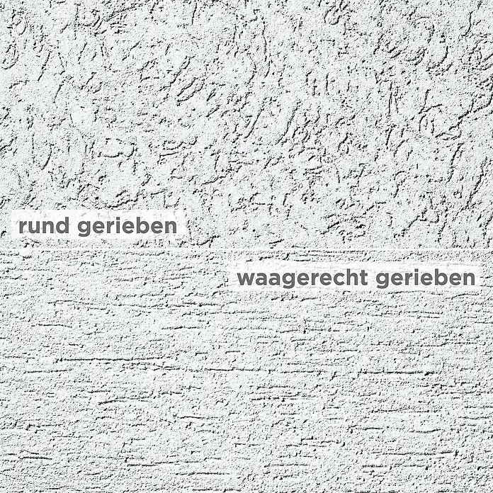 SG Weber Münchner-Rauhputz - Körnung: 3 mm, 25 kg - Wandstruktur mit zwei verschiedenen Putztechniken: "rund gerieben" oben und "waagerecht gerieben" unten, die die Texturunterschiede zeigen.