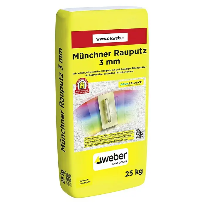 SG Weber Münchner-Rauhputz - Körnung: 3 mm, 25 kg - Sack Münchner Rauputz 3 mm, ein mineralischer Edelputz für hochwertige, dekorative Putzoberflächen und langanhaltenden Schutz.