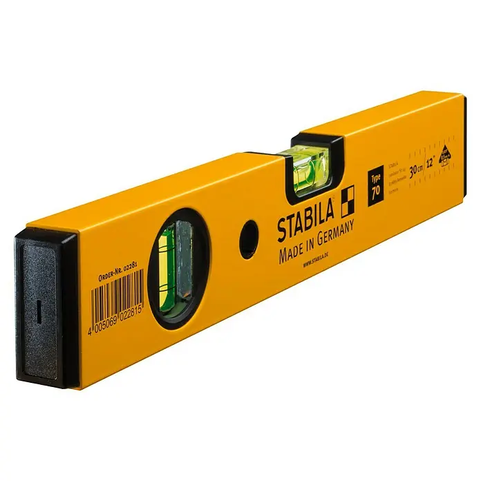 Stabila Wasserwaage Type 70 - Länge: 30 cm, Aluminium - Eine gelbe Stabila Wasserwaage, Modell Typ 70, in 30cm Länge, hergestellt in Deutschland, für präzise Messungen.