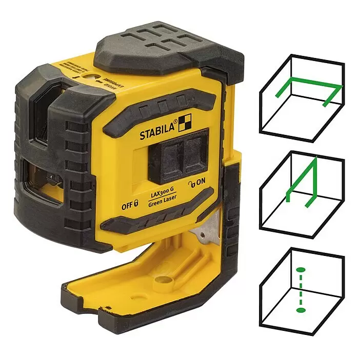 Stabila Kreuzlinienlaser LAX 300 G - Max. Arbeitsbereich: 30 m, 7 -tlg. - Gelb-schwarzer Stabila LAX300 G Grünlaser, zeigt Kreuzlinien- und Lotpunktprojektionsfunktionen.