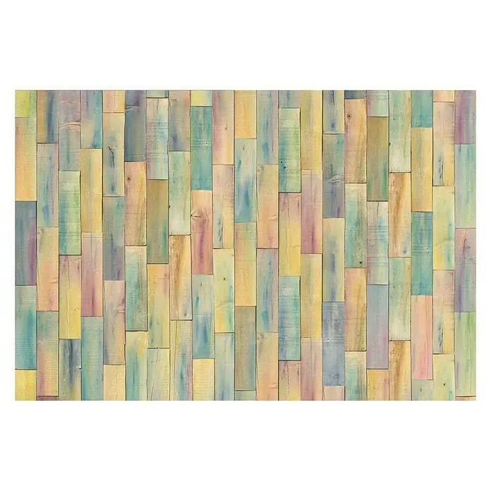 Komar Into Illusions Fototapete Bazar - 4 -tlg., B x H: 368 x 248 cm, Vlies - Buntes Holzpaneel mit vertikalen Brettern in Gelb-, Blau- und Rosatönen, ideal für eine stilvolle Wandgestaltung.