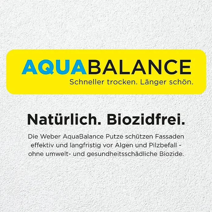 SG Weber Scheibenputz - Körnung: 3 mm, 25 kg - Logo von AquaBalance, einer Fassadenfarbe, die Fassaden vor Algen und Pilzbefall schützt, natürlich und biozidfrei.