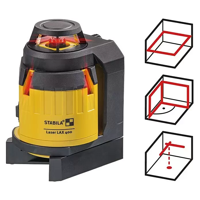Stabila Kreuzlinienlaser LAX 400 - 10 -tlg., Arbeitsbereich: 20 m - Gelb-schwarzer Stabila Laser LAX 400, ein Multilinienlaser, der rote Linien projiziert. Diagramme zeigen horizontale, vertikale und Lotpunktfunktionen.