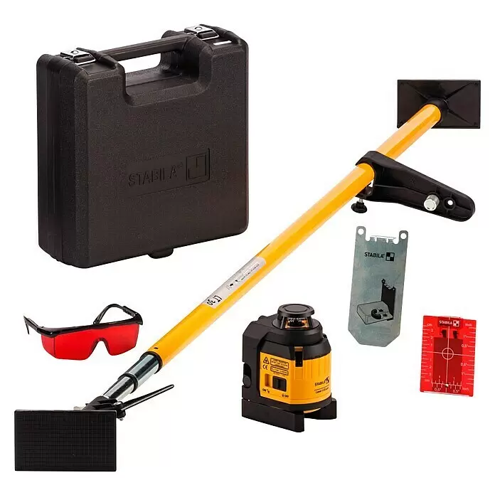 Stabila Kreuzlinienlaser LAX 400 - 10 -tlg., Arbeitsbereich: 20 m - Stabila Laser-Nivellier-Kit mit gelber Teleskopstange, schwarzem Laser, roter Brille und schwarzem Koffer für präzises Nivellieren.