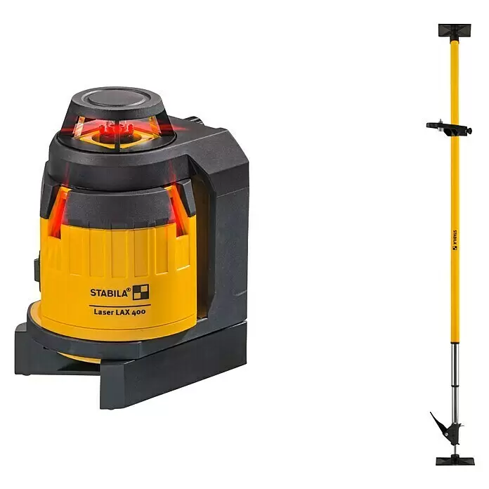 Stabila Kreuzlinienlaser LAX 400 - 10 -tlg., Arbeitsbereich: 20 m - Gelber und schwarzer Stabila LAX 400 Rotationslaser mit roten Strahlen und passender gelber Teleskopstange.