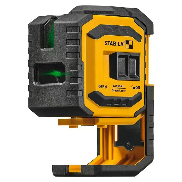 Stabila Kreuzlinienlaser LAX 300 G - Max. Arbeitsbereich: 30 m, 7 -tlg. - Gelb-schwarze Stabila LAX300 G grüne Kreuzlinienlaser mit sichtbaren grünen Laserlinien.