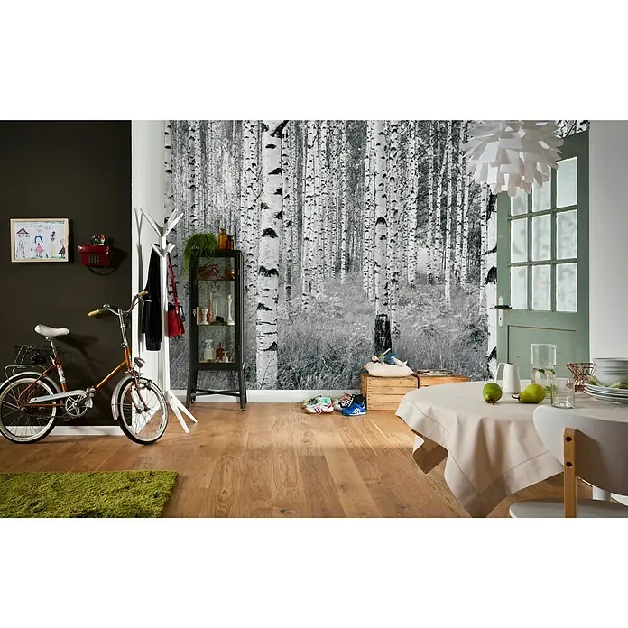 Komar Into Illusions Fototapete Woods - 4 -tlg., B x H: 368 x 248 cm, Vlies - Ein Innenraum mit Fokus auf einer Birkenwald-Tapete, ergänzt durch ein Fahrrad, Möbel und einen gedeckten Tisch.