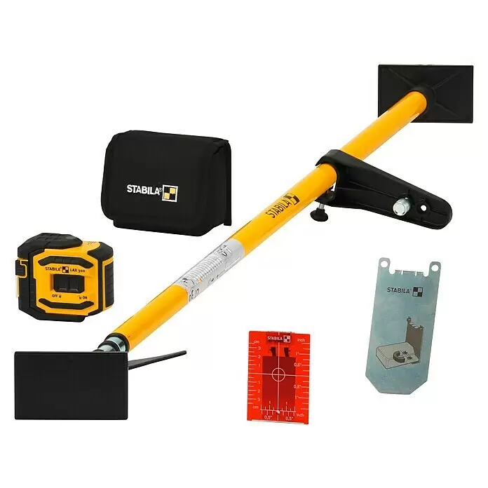 Stabila Kreuzlinienlaser LAX 300 - Max. Arbeitsbereich: 20 m, 8 -tlg. - Stabila LAX 300 Kreuzlinienlaser-Set mit gelber Teleskopstange, schwarzer Tasche, Zieltafel und Wandhalterung.