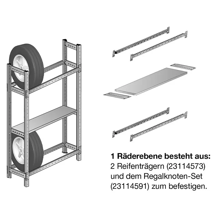 Scholz System Reifenträger-Set - Länge: 96 cm, Verzinkt, 2 Stk. - Abbildung eines Reifenregals mit Reifen und separaten Bauteilen.
