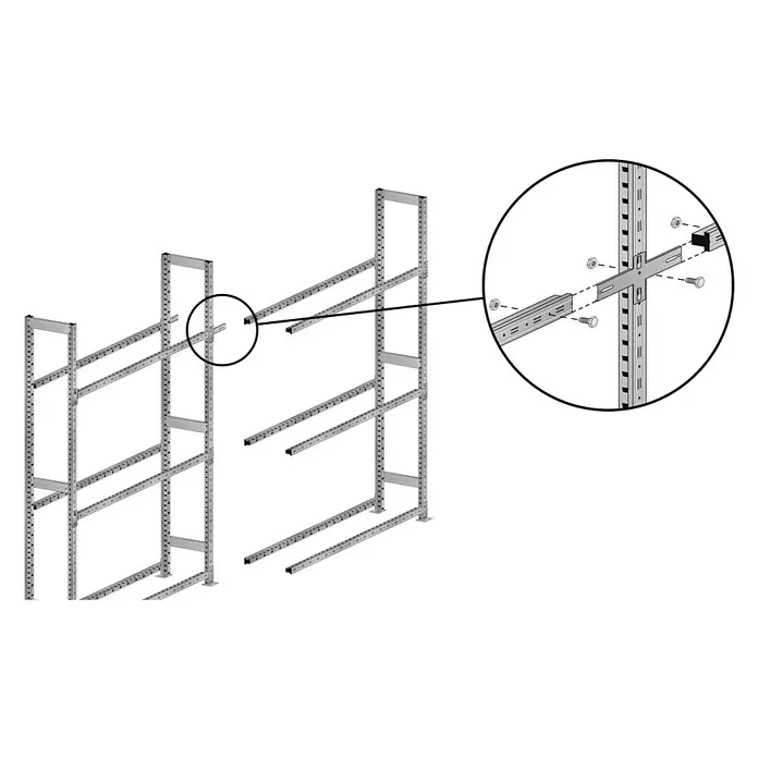 Scholz System Regalknoten-Set Anbauelement - 2 Stk., Verzinkt - Abbildung eines Regalsystems mit Detailansicht der Regalstrebenbefestigung. Das System ist modular und erweiterbar.