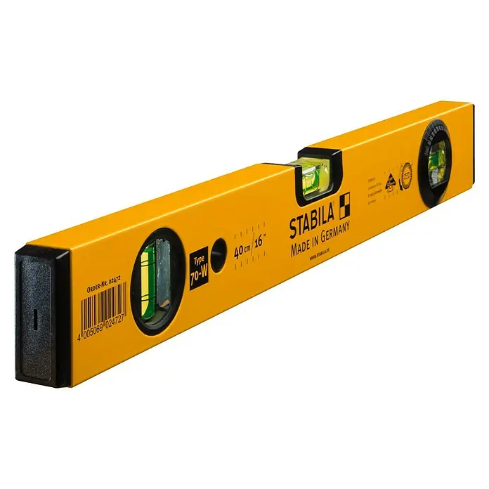 Stabila Wasserwaage Type 70 W - Länge: 40 cm, Anzahl Libellen: 2 Stk. - Gelbe Stabila Wasserwaage Typ 70-W, hergestellt in Deutschland, mit zwei Libellen und einer Winkelanzeige.