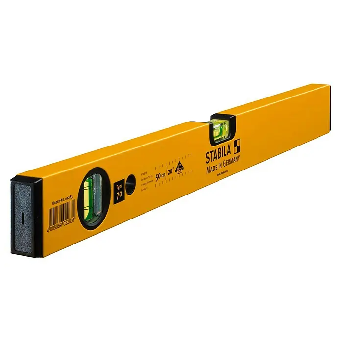 Stabila Wasserwaage Type 70 - Länge: 50 cm, Aluminium - Gelbe Stabila Wasserwaage Typ 70, ein deutsches Präzisionswerkzeug zum genauen Ausrichten und Messen im Bauwesen.