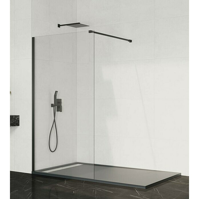 GME Mampara de ducha fija + brazo Screen (An x Al: 78 x 195 cm, Vidrio  transparente, Espesor: 8 mm, Negro)