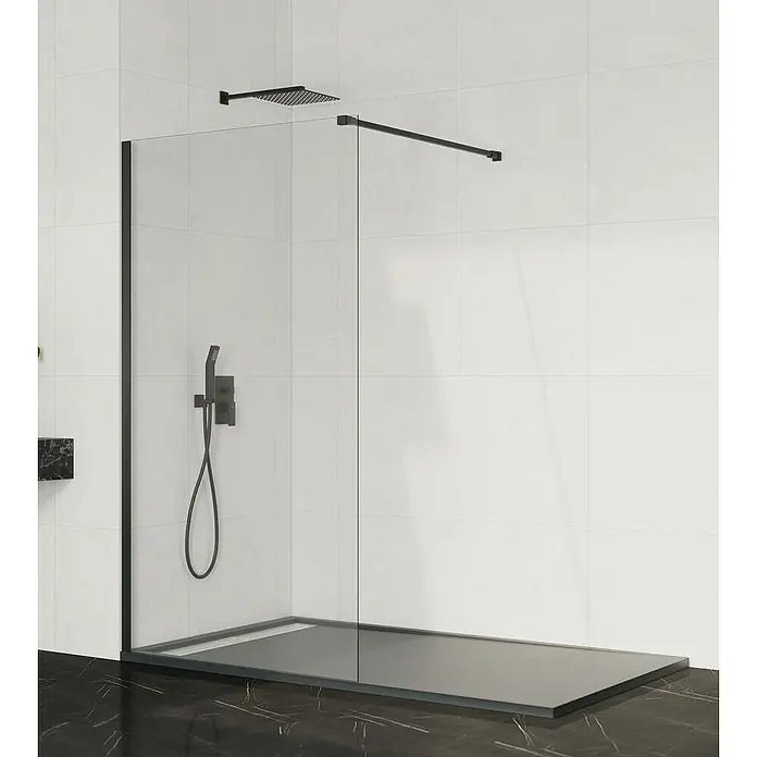 GME Mampara de ducha fija + brazo Screen - An x Al: 118 x 195 cm, Vidrio transparente, Negro - Cabina de ducha con marco y accesorios negros. El panel de ducha es de vidrio transparente y cuenta con un moderno rociador de lluvia.