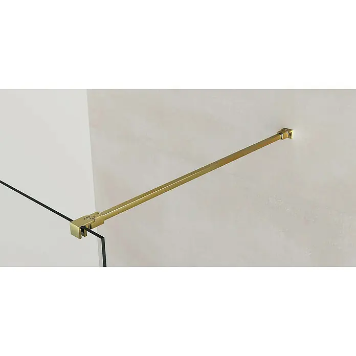 GME Mampara de ducha fija + brazo Screen - An x Al: 78 x 195 cm, Vidrio transparente, Oro - Primer plano de una barra de cerramiento de ducha dorada, destacando un accesorio de baño moderno y elegante y que ofrece estabilidad.