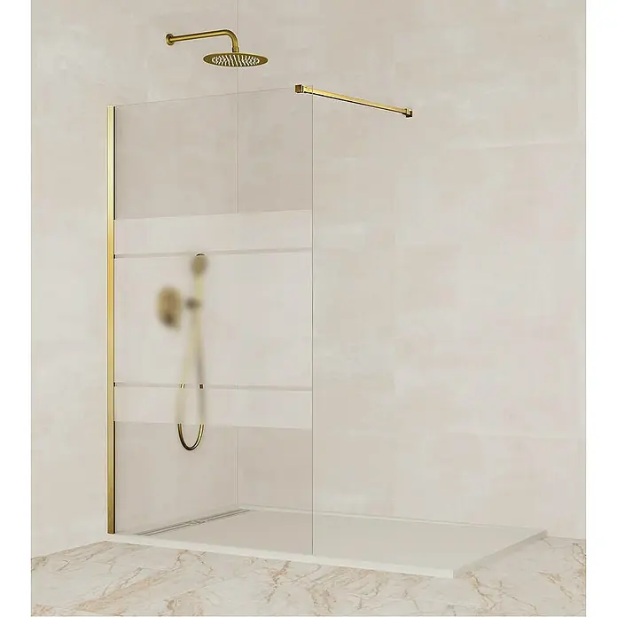 GME Mampara de ducha fija + brazo Screen - An x Al: 118 x 195 cm, Vidrio serigrafiado, Oro - Elegante cabina de ducha con detalles dorados y vidrio parcialmente mate. Diseño que aporta un estilo moderno a cualquier baño.