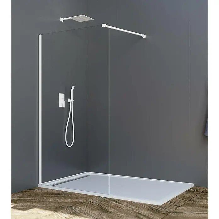 GME Mampara de ducha fija + brazo Screen - An x Al: 108 x 195 cm, Vidrio transparente, Blanco - Esta imagen muestra una moderna ducha a ras de suelo con paneles de vidrio transparente, marcos blancos y plato de ducha de bajo perfil.