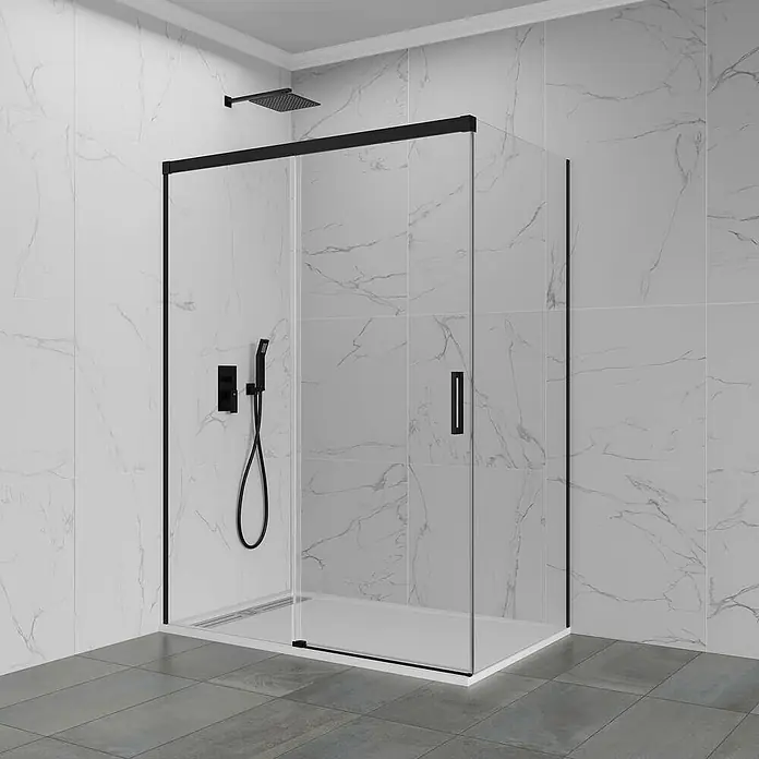 GME Mampara de ducha esquinera Basic Plus - L x An x Al: 90 x 175 x 195 cm, Vidrio transparente, Negro - Imagen de una cabina de ducha con marco negro y paredes de vidrio transparente, que muestra un diseño de baño moderno.