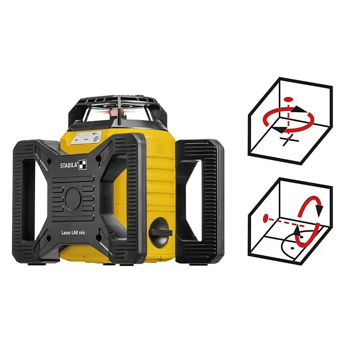 Stabila Rotationslaser LAR 160 - 9 -tlg. - Gelb-schwarzer Stabila Rotationslaser mit Schutzgriffen, inklusive Diagrammen für horizontale und vertikale Nivellierung.