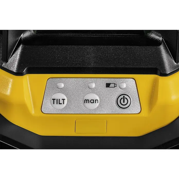 Stabila Rotationslaser LAR 160 - 9 -tlg. - Nahaufnahme der Bedienelemente eines gelben Rotationslasers, einschließlich Neigungs-, manueller und Ein-/Aus-Taste, sowie der Batteriestandsanzeige.