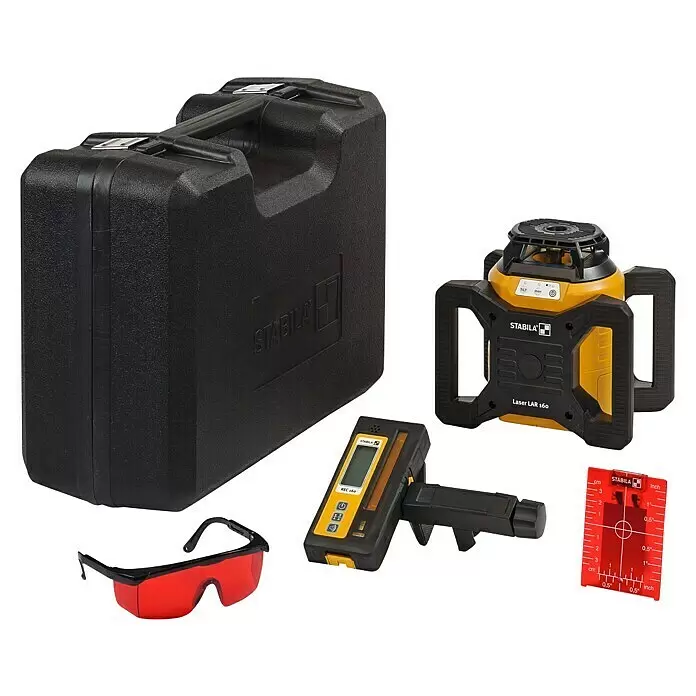 Stabila Rotationslaser LAR 160 - 9 -tlg. - Stabila LAR 160 Rotationslaser-Set mit schwarzem Koffer, Laserempfänger, roter Schutzbrille und Zieltafel.