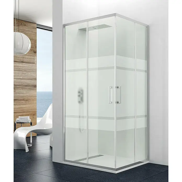 GME Mampara de ducha esquinera Prestige Angular - L x An x Al: 75 x 130 x 195 cm, Cromo, Vidrio serigrafiado - Baño moderno con una elegante cabina de ducha con rayas de vidrio esmerilado. Colores claros y diseño moderno.
