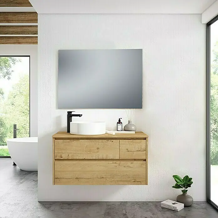 Conjunto de mueble de baño Emma - Ancho: 100 cm, Nogal, 4 pzs., Seno a la izquierda - Lavabo de baño moderno con mueble de madera, lavabo sobre encimera y espejo para un ambiente elegante.