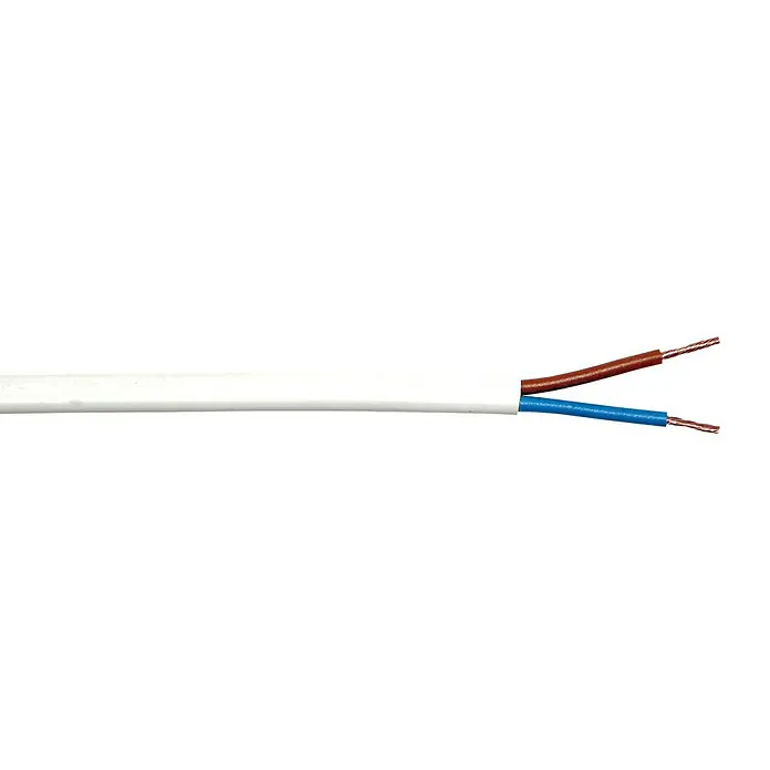 Schlauchleitung H03VVH2-F 2x0,75 mm² - H03VVH2-F, Anzahl Adern: 2, 0,75 mm², 5 m, Weiß - Abisolierte Stromkabel mit weißer Ummantelung, braunem und blauem Draht, die für elektrische Verbindungen bereit sind.