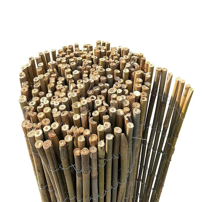 Videx Sichtschutzmatte Hongkong - Bambus, L x B: 300 x 90 cm - Nahaufnahme eines dekorativen Bambuszauns, der durch Metalldrähte zusammengehalten wird, ideal für Garten und Terrasse.
