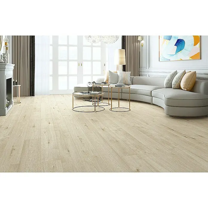 Classen Designboden Pro Nature - Slaney, Landhausdiele, 1.290 x 203 x 4 mm - Helles Laminatboden im Wohnzimmer. Das Laminat sorgt für ein freundliches und modernes Ambiente im Raum.