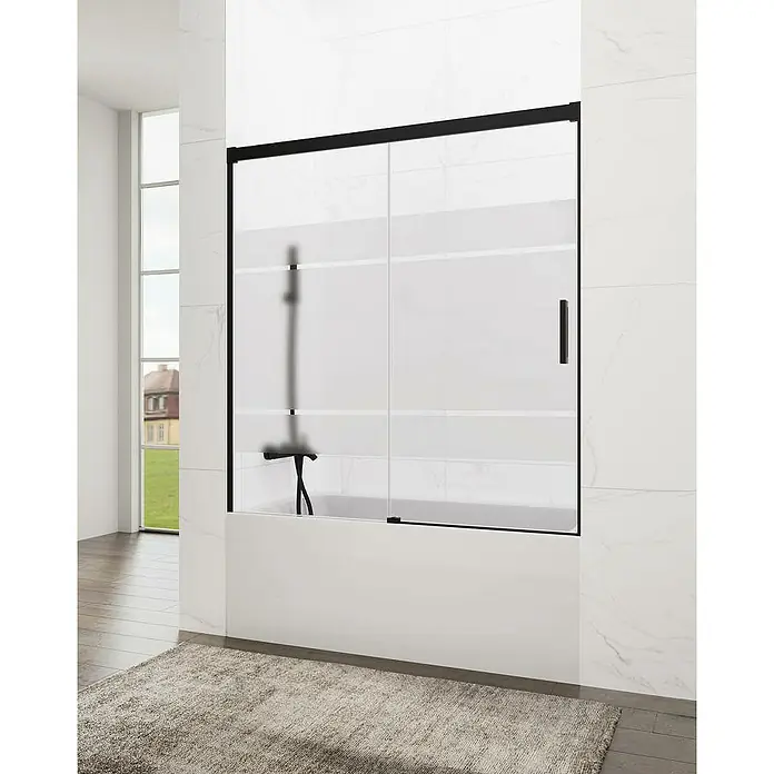 GME Mampara para bañera Basic - An x Al: 170 x 150 cm, Vidrio serigrafiado, Negro - Cabina de ducha con paneles de vidrio transparente y marco negro. Las puertas correderas facilitan el acceso a la zona de baño, diseño de baño moderno.