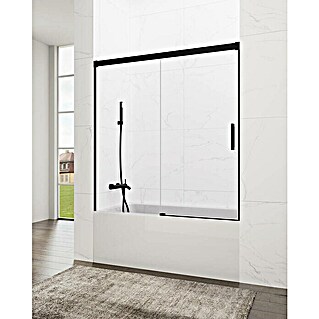 GME Mampara para bañera Basic (An x Al: 155 x 150 cm, Longitud regulable: 61 cm - 66 cm, Vidrio transparente, Negro)