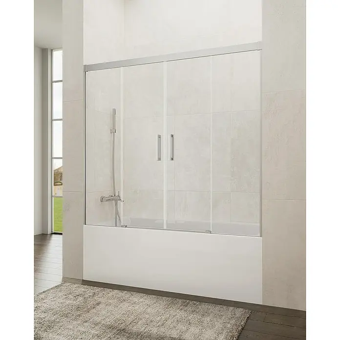 GME Mampara para bañera Basic Spazio - An x Al: 162 x 150 cm, Vidrio transparente, Cromo - Un baño con bañera con mampara de ducha de vidrio deslizante, que ofrece un diseño elegante y moderno.