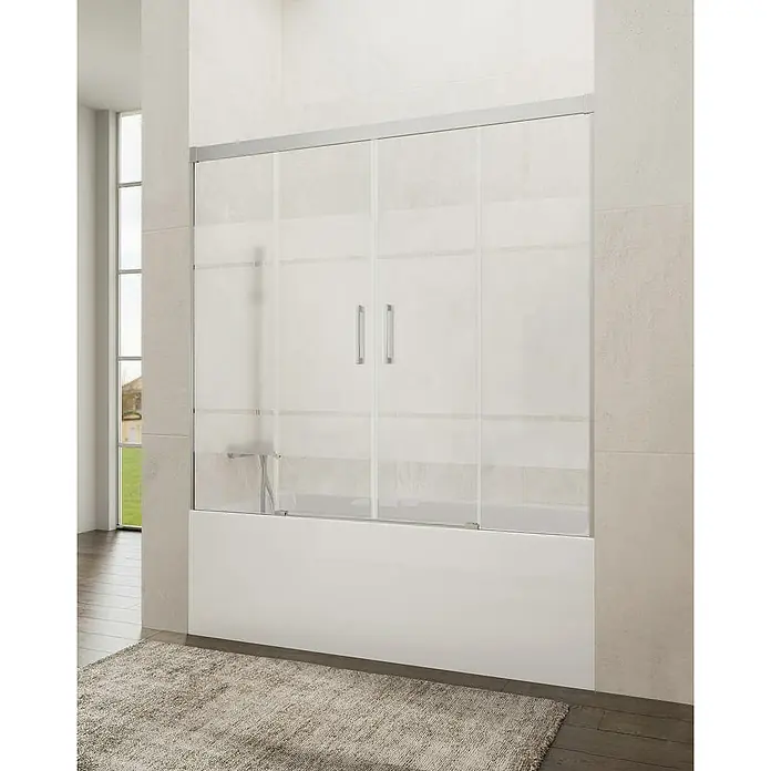 GME Mampara para bañera Basic Spazio - An x Al: 182 x 150 cm, Vidrio serigrafiado, Cromo - Elegante mampara de bañera con puertas correderas de vidrio y manijas plateadas, realzando el atractivo del baño.\n