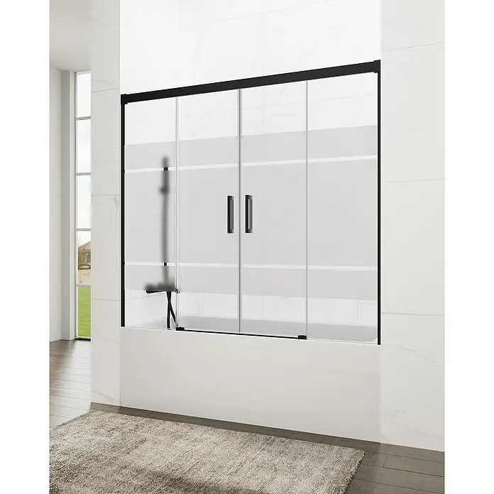 GME Mampara para bañera Basic Spazio - An x Al: 182 x 150 cm, Vidrio serigrafiado, Negro - Elegante mampara de bañera con puertas correderas y marco negro. La mampara de ducha ofrece protección contra salpicaduras y un aspecto moderno al baño.