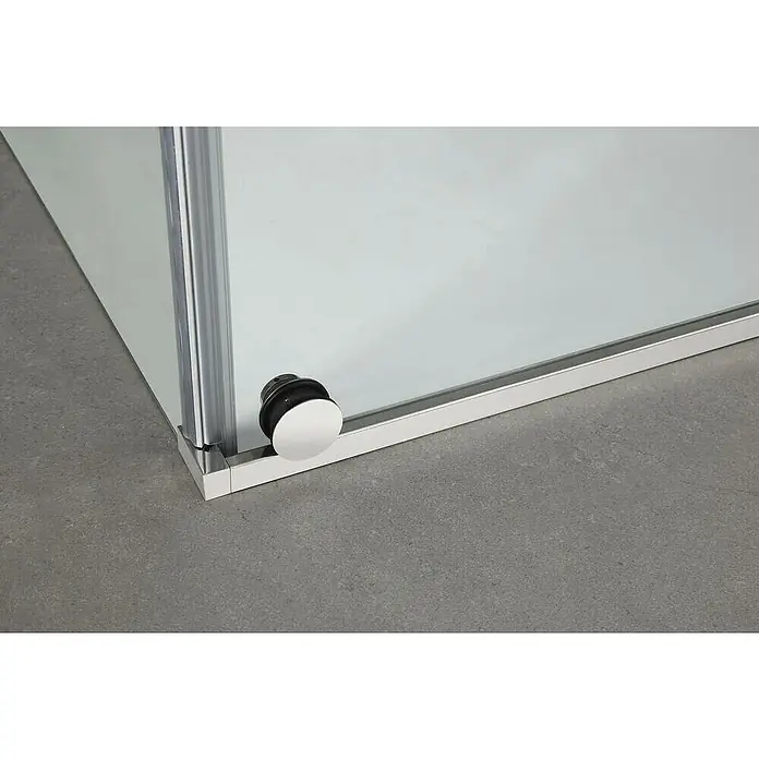 GME Mampara de ducha frontal Vetrum Spazio - 190 x 202 cm, Espesor de vidrio: 10 mm, Cromo - Primer plano de una cabina de ducha con puerta corredera y guía de rodillos. La cabina de ducha presume de un diseño moderno y minimalista.