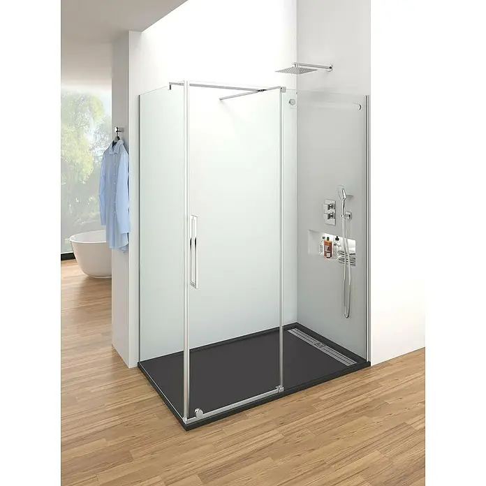 GME Mampara de ducha esquinera Vetrum Frontal + Lateral - L x An x Al: 70 x 125 x 202 cm, Vidrio transparente - Elegante cabina de ducha con líneas limpias y plato de ducha oscuro, creando un ambiente de baño moderno.