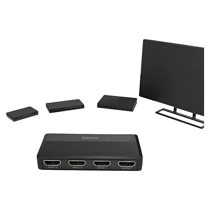 Hama HDMI-Umschalter 3 Eingänge, 1 Ausgang - 1,3 x 9,5 x 4,7 cm - Schwarzer Hama HDMI-Switch mit 3 Eingängen und 1 Ausgang, zum Anschluss mehrerer Mediengeräte an ein Display.