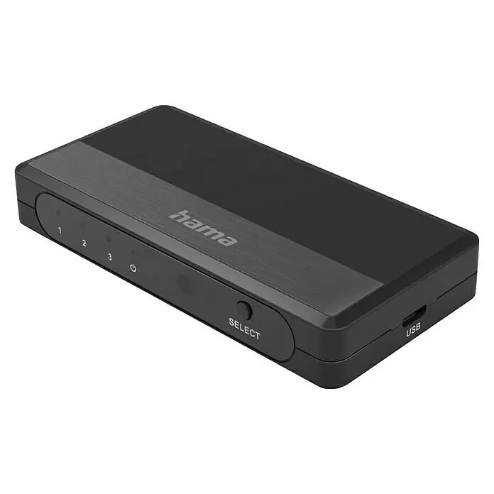 Hama HDMI-Umschalter 3 Eingänge, 1 Ausgang - 1,3 x 9,5 x 4,7 cm - Schwarzer Hama HDMI-Umschalter mit drei Einganganzeigen, einem Auswahlknopf und einem USB-Stromanschluss.