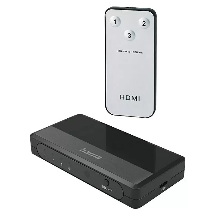 Hama HDMI-Umschalter 3 Eingänge, 1 Ausgang - 1,3 x 9,5 x 4,7 cm - Schwarzer/silberner HDMI-Switch mit 'hama'-Logo und weißer Fernbedienung zur Auswahl von 3 HDMI-Eingängen.