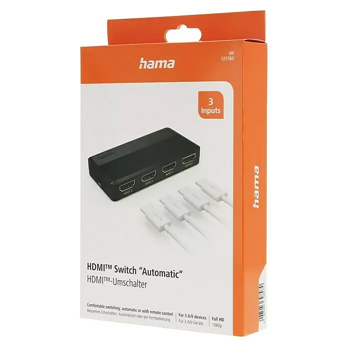 Hama HDMI-Umschalter 3 Eingänge, 1 Ausgang - 1,3 x 9,5 x 4,7 cm - Hama HDMI-Umschalter mit 3 Eingängen, schwarz, mit weißen HDMI-Kabeln, in oranger und weißer Verpackung.