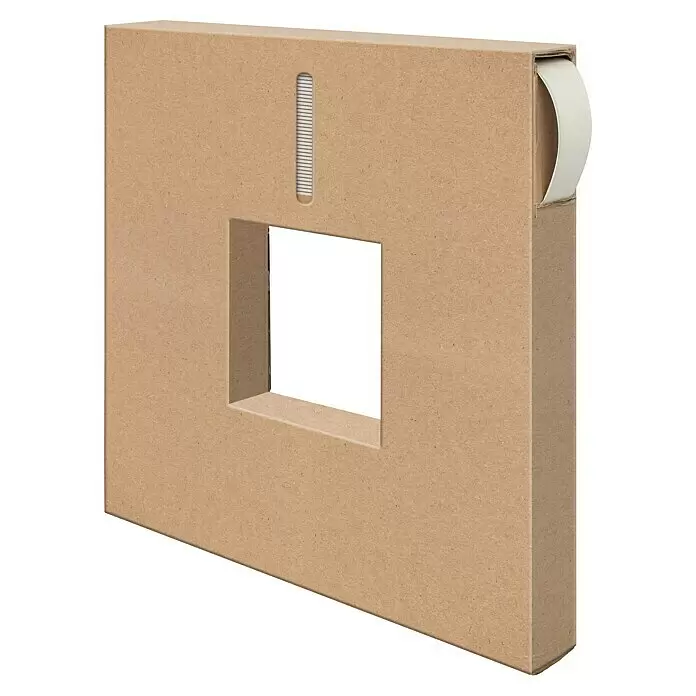 Schellenberg Flachleiste - 50 m x 40 mm x 1,5 mm, Weiß - Brauner Karton mit quadratischem Ausschnitt auf der Vorderseite und weißem Zuggriff an der Seite.