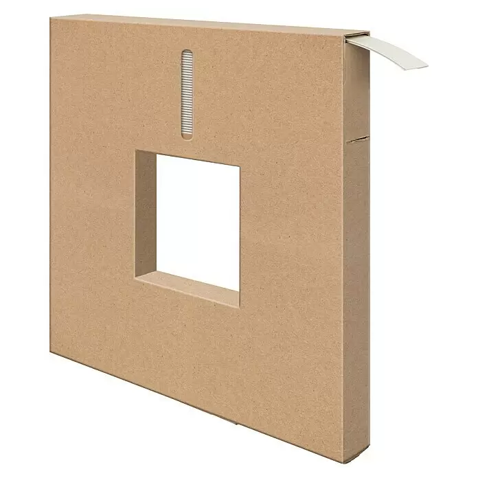Schellenberg Flachleiste - 50 m x 30 mm x 1,5 mm, Weiß - Braune Kartonschachtel mit quadratischem Sichtfenster und Ausziehlasche.