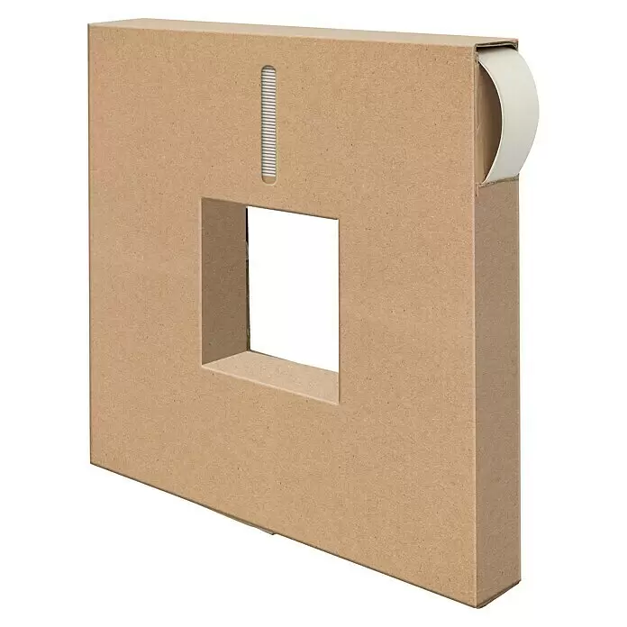 Schellenberg Flachleiste - 50 m x 50 mm x 1,5 mm, Weiß - Brauner Karton-Abrollspender mit quadratischem Ausschnitt und einer Rolle weißen Klebebands.