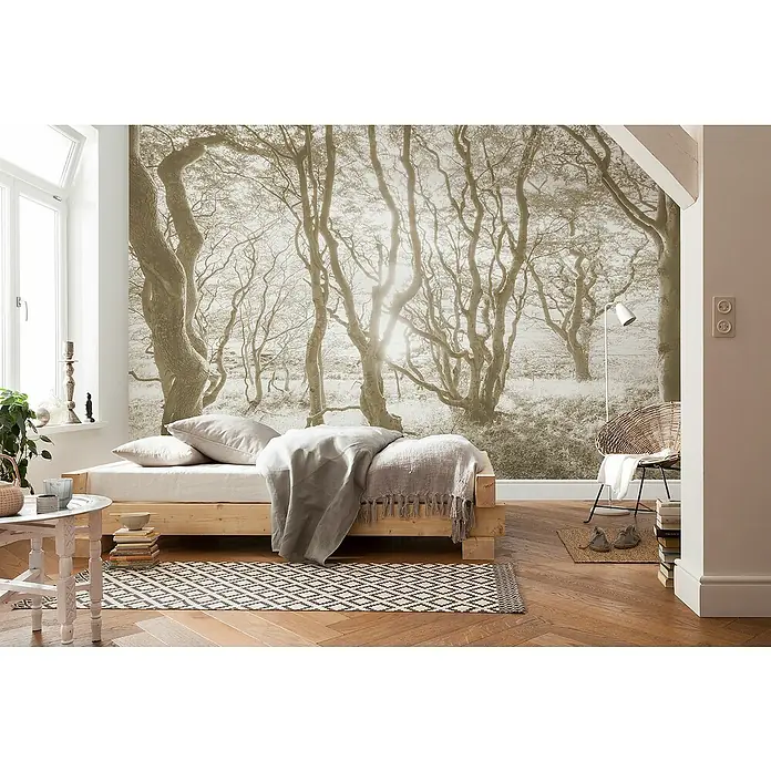 Komar Infinity 2 Fototapete Bleached Birch - Hell, B x H: 400 x 250 cm, Vlies - Einladendes Schlafzimmer mit einem Holzbett und einer fotorealistischen Waldtapete, die eine ruhige Atmosphäre schafft.\n