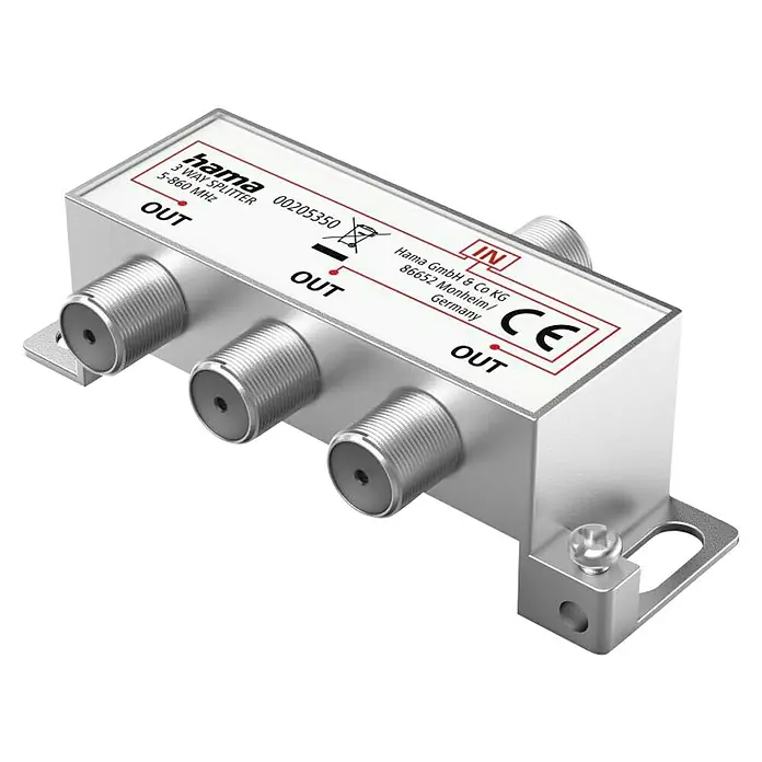 Hama 3-fach Verteiler Breitband-Kabel - Vollgeschirmt, 5 - 862 MHz, F-Kupplung - Nahaufnahme eines Hama 3-fach Splitters mit Anschlüssen für Eingang und Ausgänge, ideal zur Signalverteilung im Frequenzbereich 5-860 MHz.
